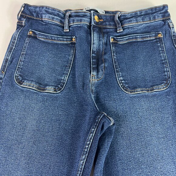 Zara Jeans Women 32 x 25* High Rise Boot Cut Crop Dark Blue Raw Hem Denim Tag 12 - Picture 2 of 16